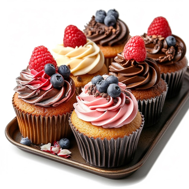 a tray of cupcakes with raspberries and raspberries on it