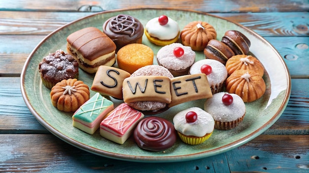 Photo a tray of cupcakes with the word sweet on it