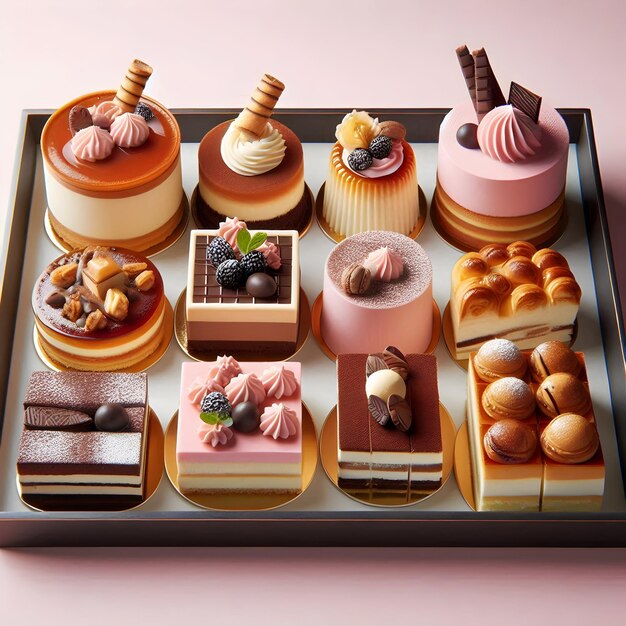 A tray of decadent desserts such as cheesecake and tiramisu offered at a gourmet delicatessen is