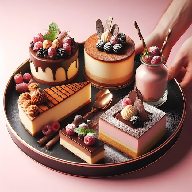 A tray of decadent desserts such as cheesecake and tiramisu offered at a gourmet delicatessen is