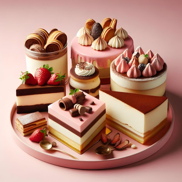 A tray of decadent desserts such as cheesecake and tiramisu offered at a gourmet delicatessen is