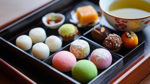 Photo a tray of delectable wagashi traditional japanese sweets like mochi dorayaki and yokan perfect for enjoying with a cup of green tea