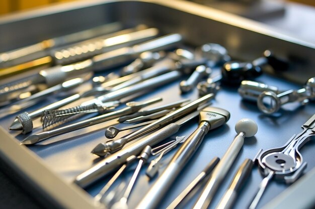 Photo a tray of dental tools including a surgical tool.