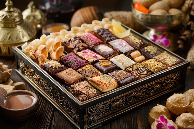 Photo a tray of desserts including chocolate and chocolate