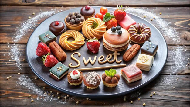 Photo a tray of desserts including one that says quot sweet quot on it