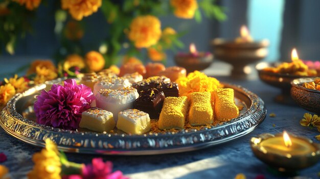 Photo a tray of desserts with flowers and candles on it