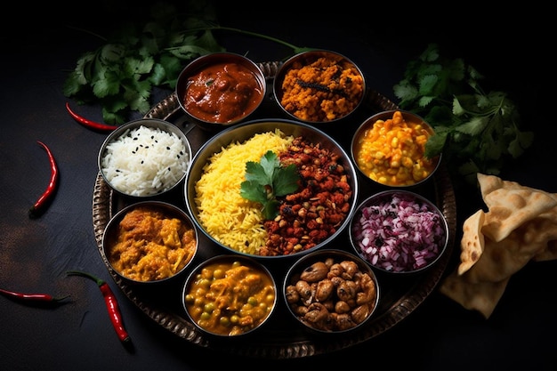 Photo a tray of different dishes including rice rice and vegetables