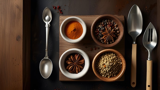 a tray of different foods including one with a spoon and the other with a spoon