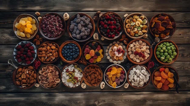 A tray of different kinds of fruit including nuts, nuts, and dried fruits.