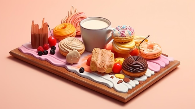 a tray of different types of desserts including a cup of milk and a bagel.