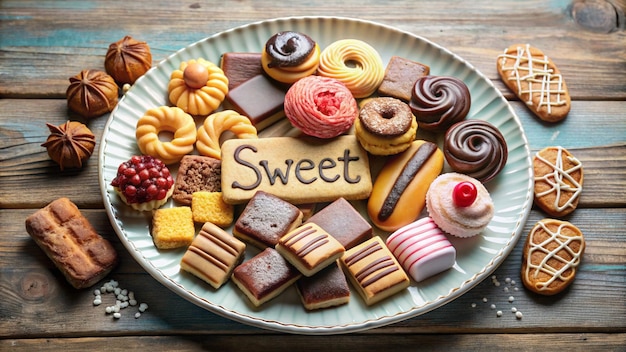 a tray of different types of desserts including one that says sweet