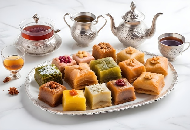 a tray of different types of desserts including tea and tea