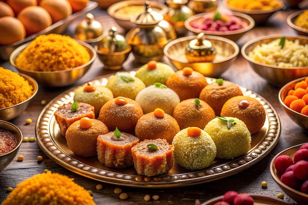 Photo a tray of displaying a variety of popular indian sweets including delicious laddu and sandesh