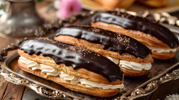 Photo a tray of donuts with chocolate frosting and a chocolate covered donut on top