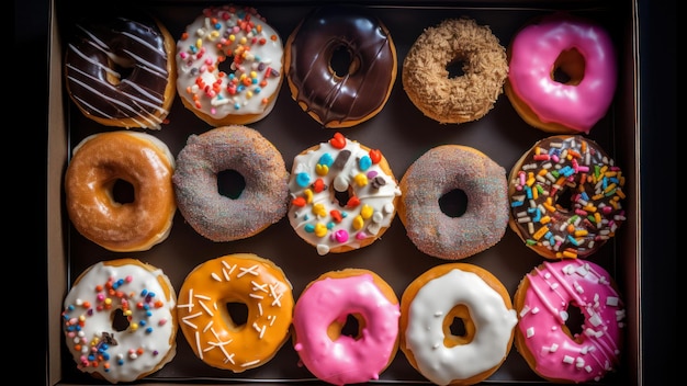 A tray of donuts with different flavors including one with a variety of sprinkles.