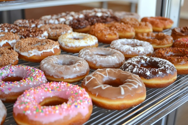 Photo a tray of donuts with different flavors of sprinkles and sprinkles