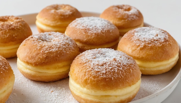 a tray of donuts with powdered sugar and powdered sugar