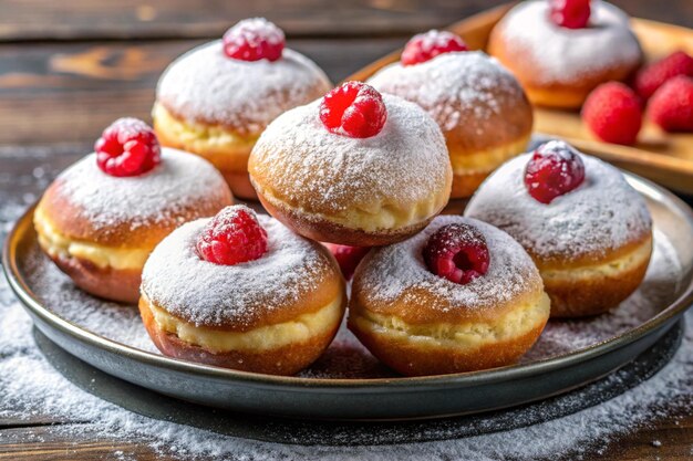 Photo a tray of donuts with powdered sugar and raspberries on it