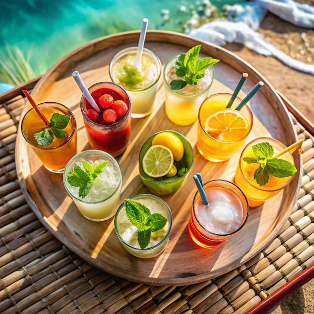 a tray of drinks with strawberries lemons and limes