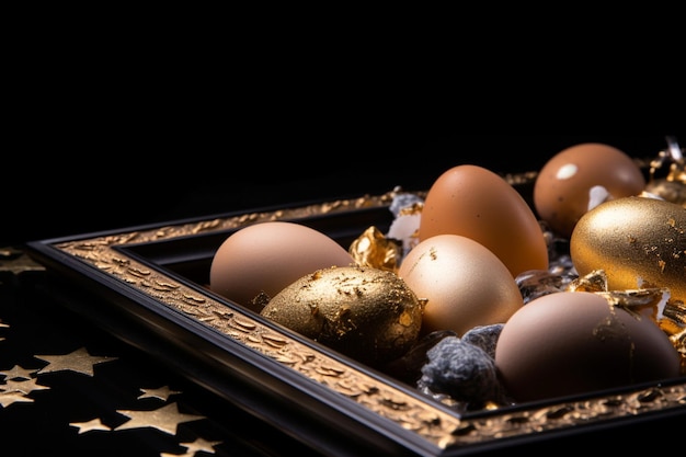 A tray of eggs with a gold foil wrapped in gold foil sits on a black tray.