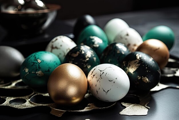 A tray of eggs with gold and green paint on it