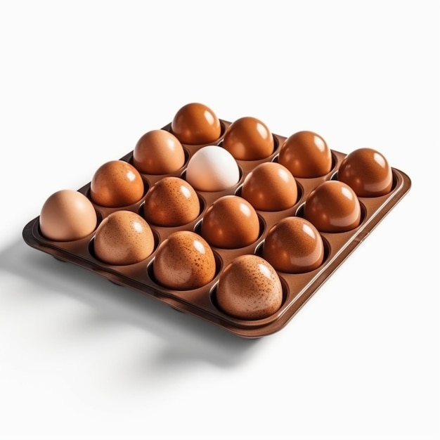 A tray of eggs with one that has a white one in it