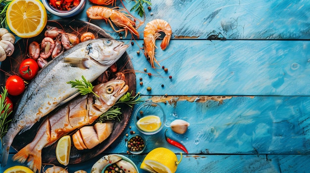 Photo a tray of fish fish and vegetables on a table