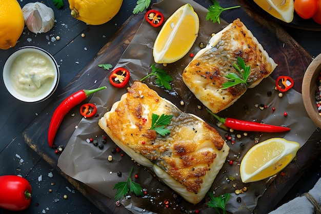 Photo a tray of fish with a bottle of lemonade on it