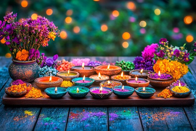 Photo a tray of flowers and candles with a bunch of flowers in the middle