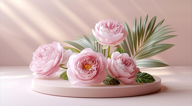 a tray of flowers with a palm leaf on the side