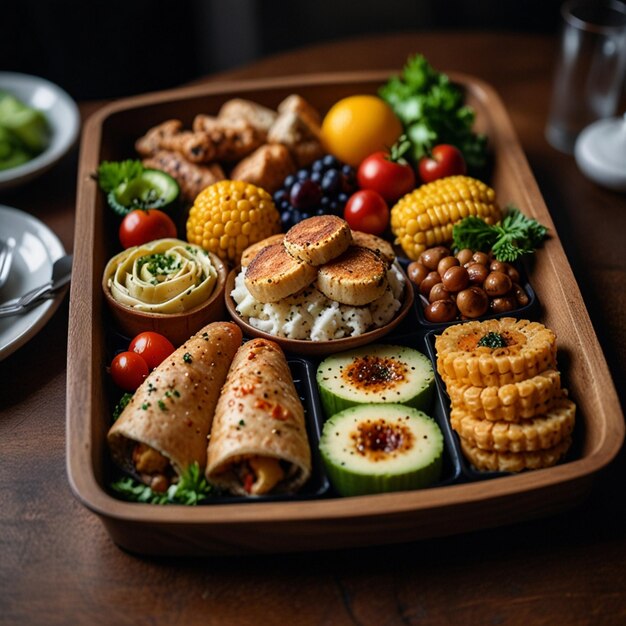 A tray of food AI generated