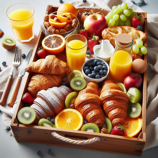 Photo a tray of food featuring croissants and fresh fruit