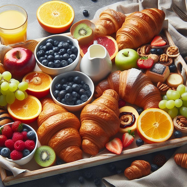 Photo a tray of food featuring croissants and fresh fruit