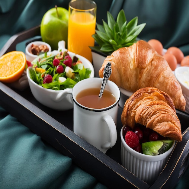 Photo a tray of food featuring croissants and fresh fruit