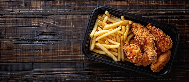 Photo a tray of food including chicken fries and french fries on the black tabletop