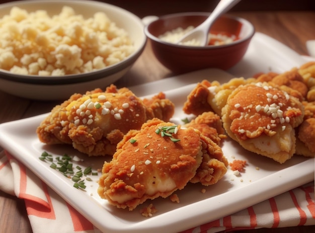 a tray of food including chicken and rice