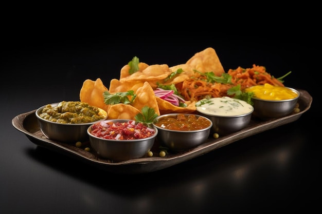 a tray of food including corn salsa and salsa