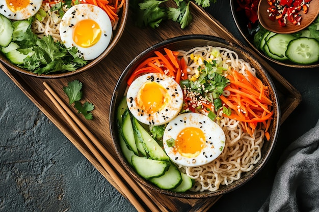 a tray of food including eggs carrots and noodles