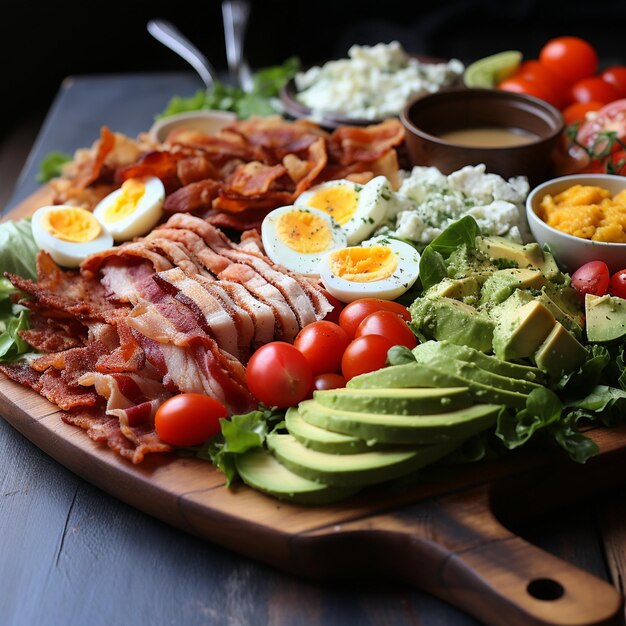 Photo a tray of food including eggs, meat, and vegetables.