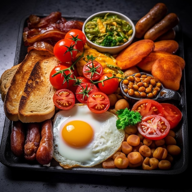 a tray of food including eggs tomatoes sausage and tomatoes