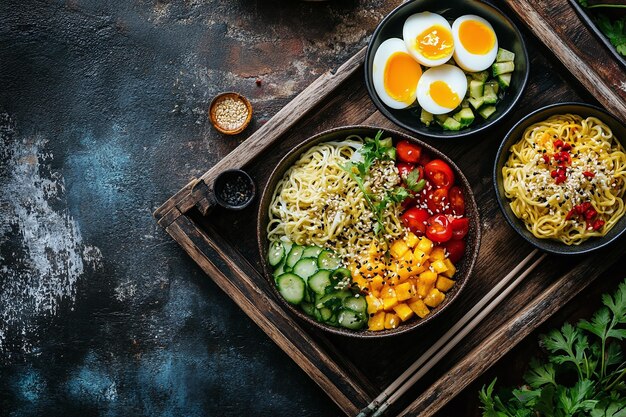 a tray of food including eggs vegetables and rice