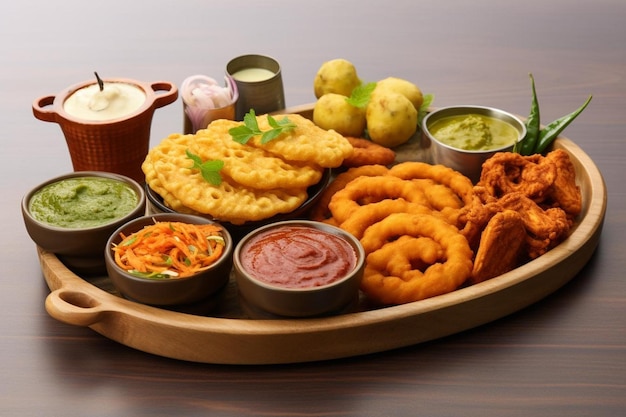 a tray of food including fried food and a bowl of fried food