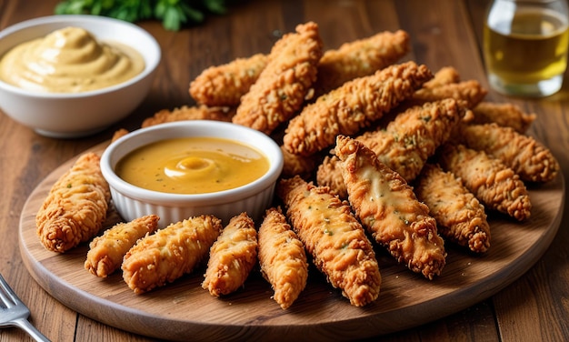 Photo a tray of food including fried food including dipping sauce and a dipping sauce