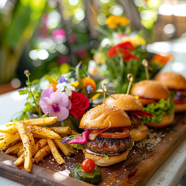 a tray of food including a hamburger and french fries