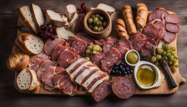 a tray of food including meat bread and bread