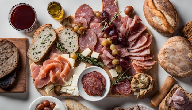 a tray of food including meat cheese and cheese