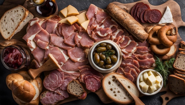 a tray of food including meat cheese and vegetables