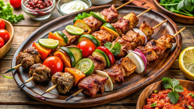 a tray of food including meat vegetables and meats