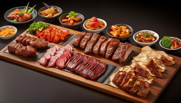 A tray of food including meat, vegetables, and other food.