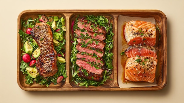 Photo a tray of food including meat vegetables and seasonings